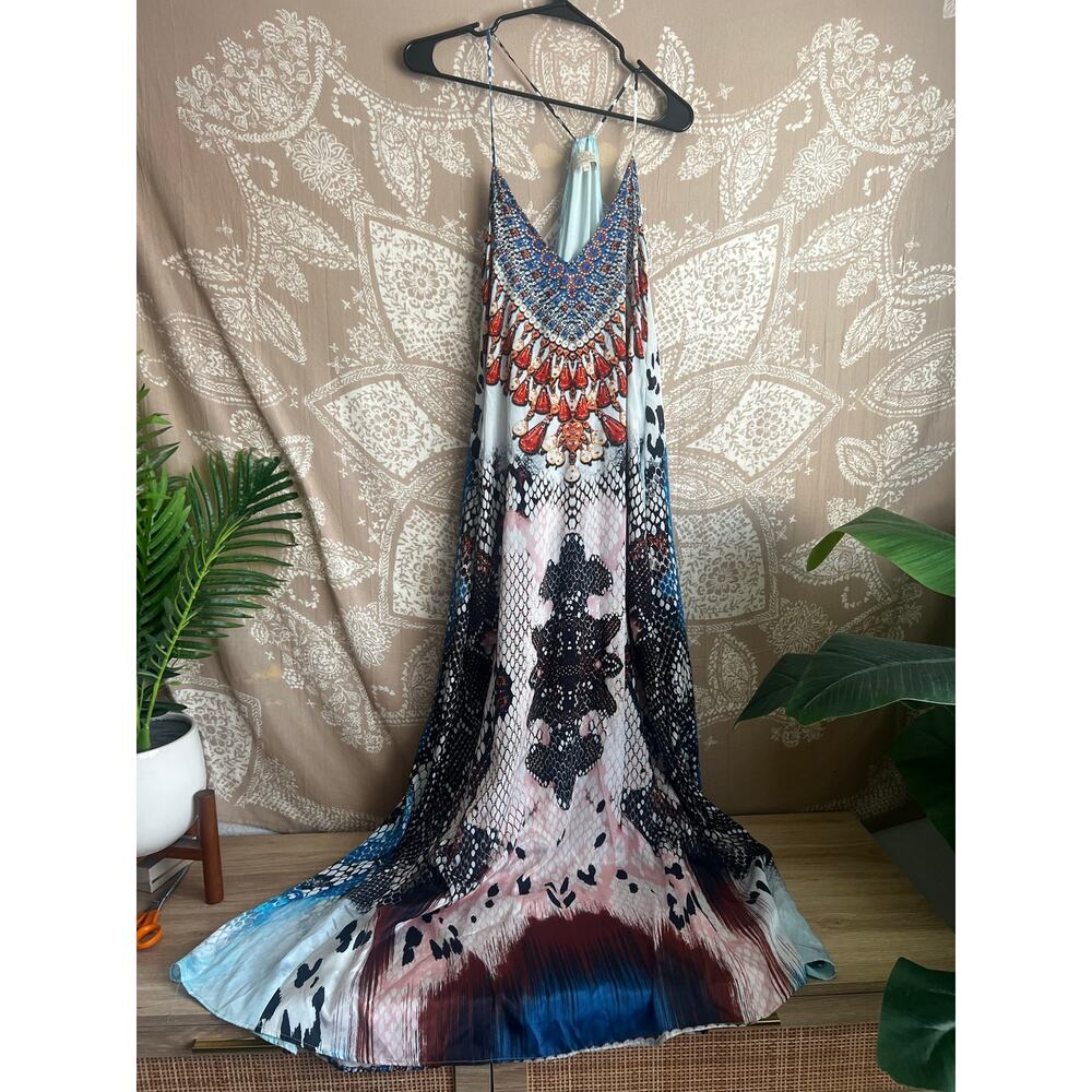 True Colours by La Moda Tank V-Neck Rhinestone Maxi Dress in Exotic Design